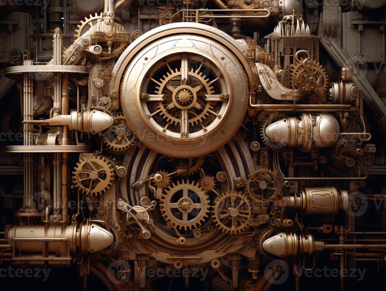 Steampunk mechanism with gears and cogwheels on a dark background photo