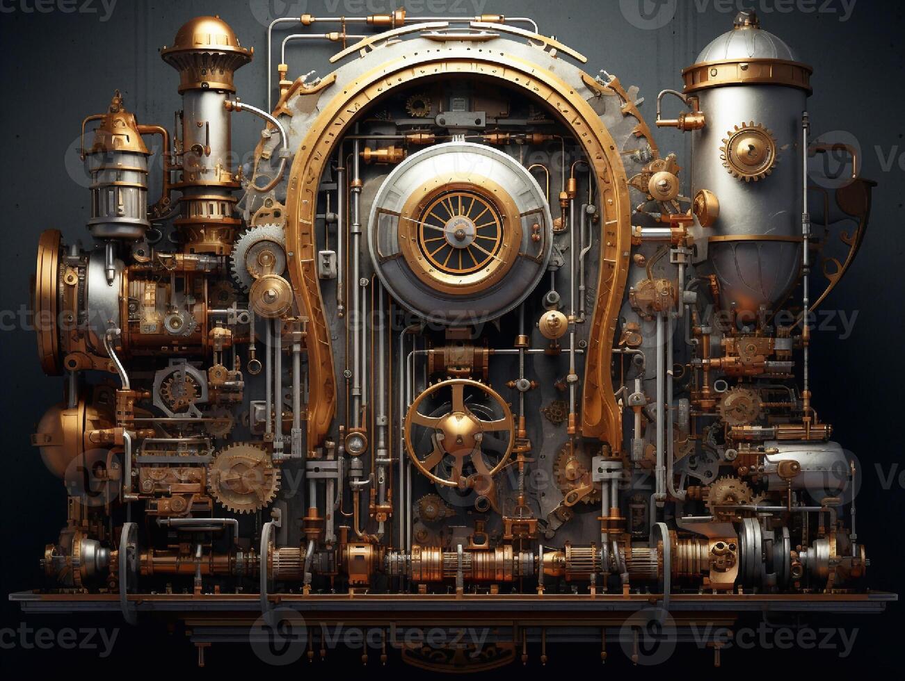 Steampunk mechanism with gears and cogwheels on a dark background photo