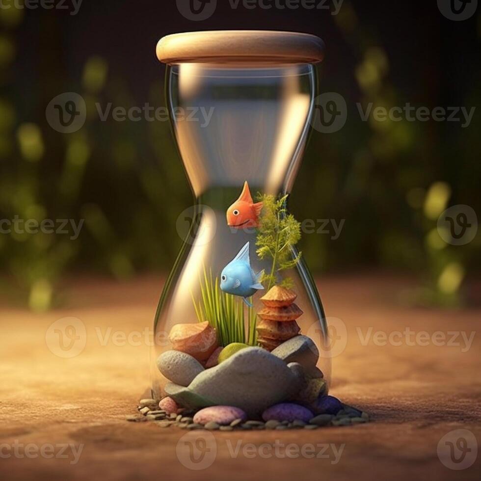 Fantasy landscape with a cute one in a hourglass. 3d rendering photo