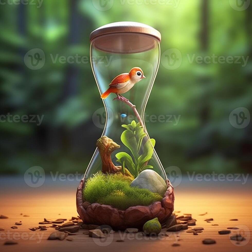 Fantasy landscape with a cute one in a hourglass. 3d rendering photo