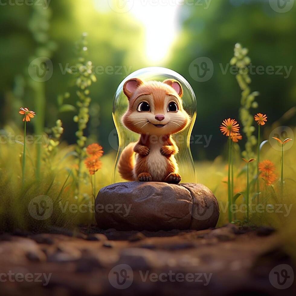 Fantasy landscape with a cute one in a glass bulb. 3d rendering photo