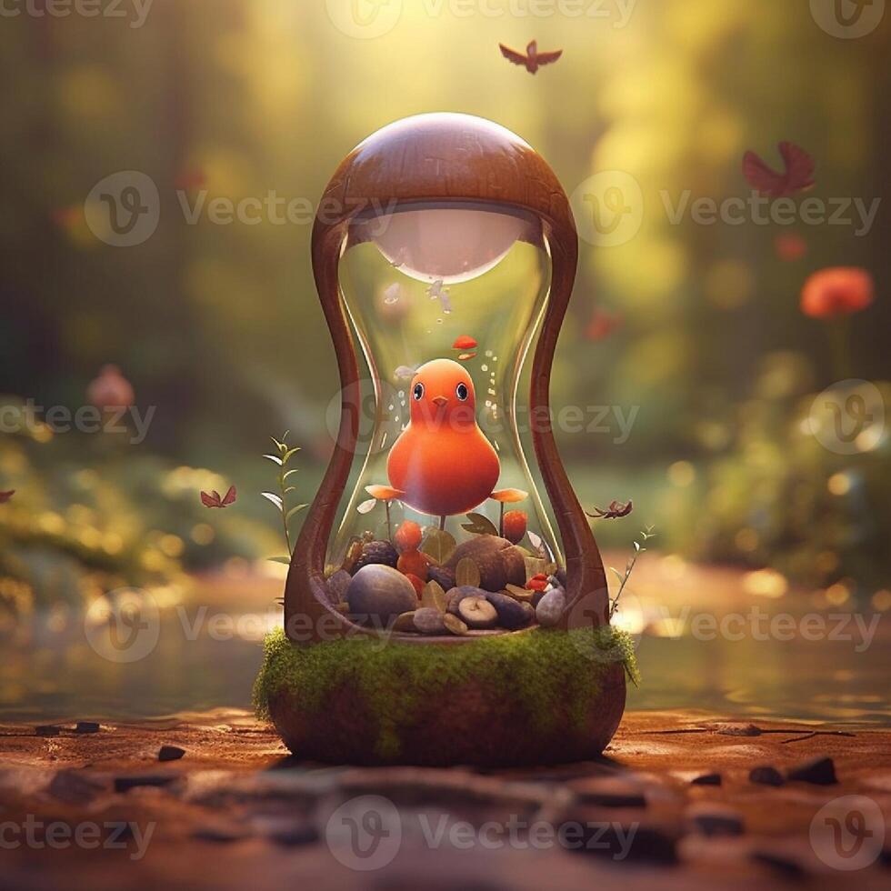 Fantasy landscape with a cute one in a glass bulb. 3d rendering photo