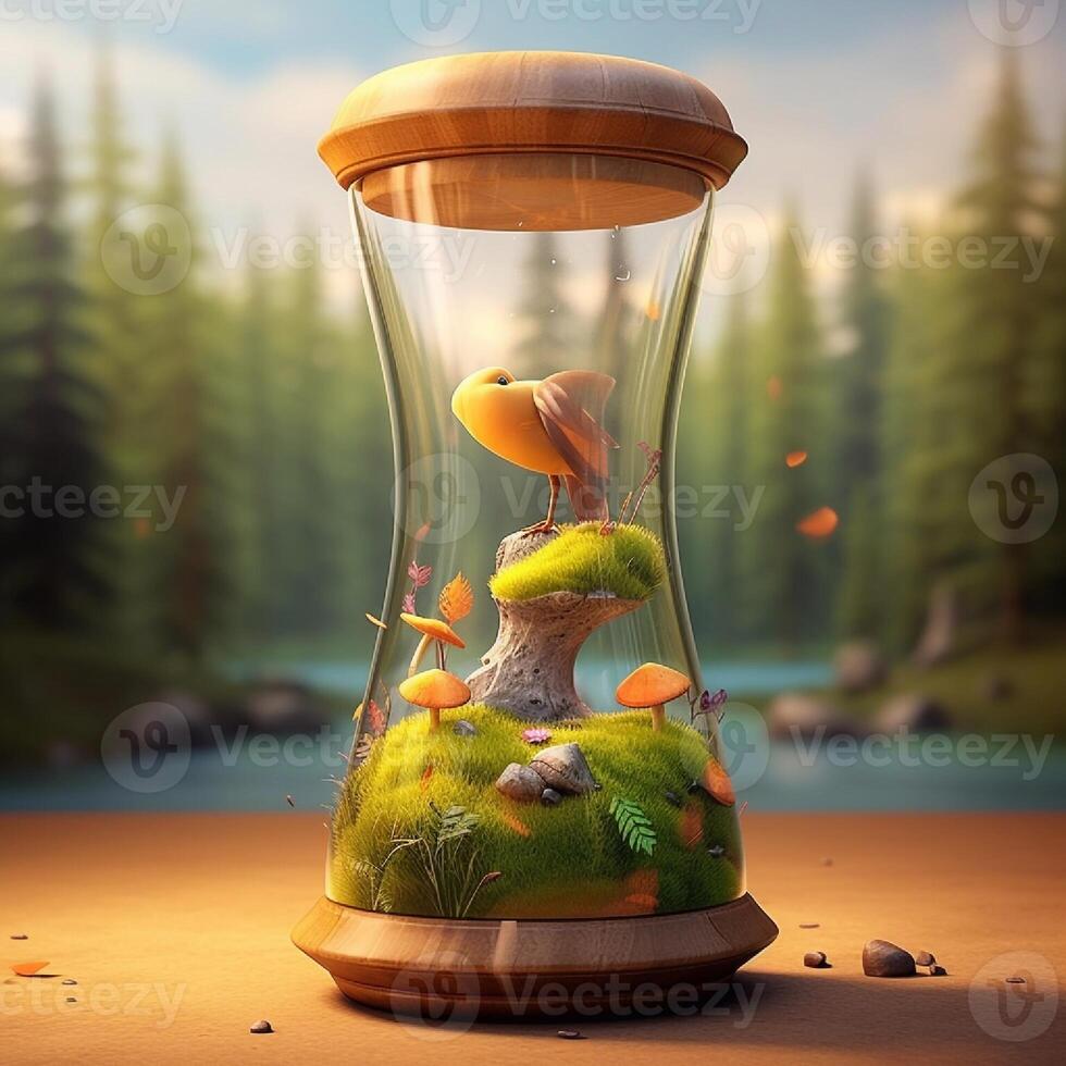 Fantasy landscape with a cute one in a hourglass. 3d rendering photo