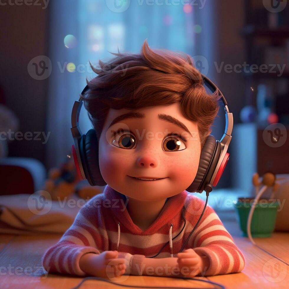 little boy with cute expression, innocent and adorable is enjoying music from headphone photo