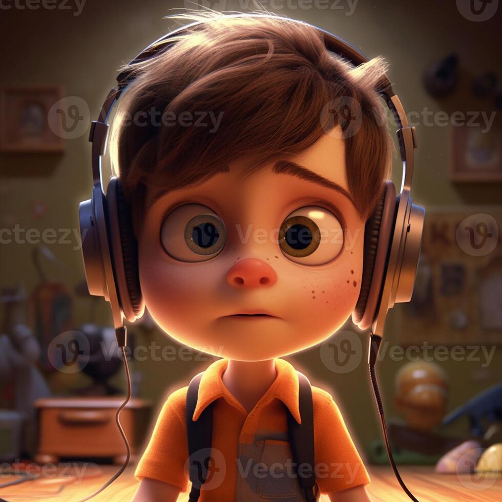 little boy with cute expression, innocent and adorable is enjoying music from headphone photo