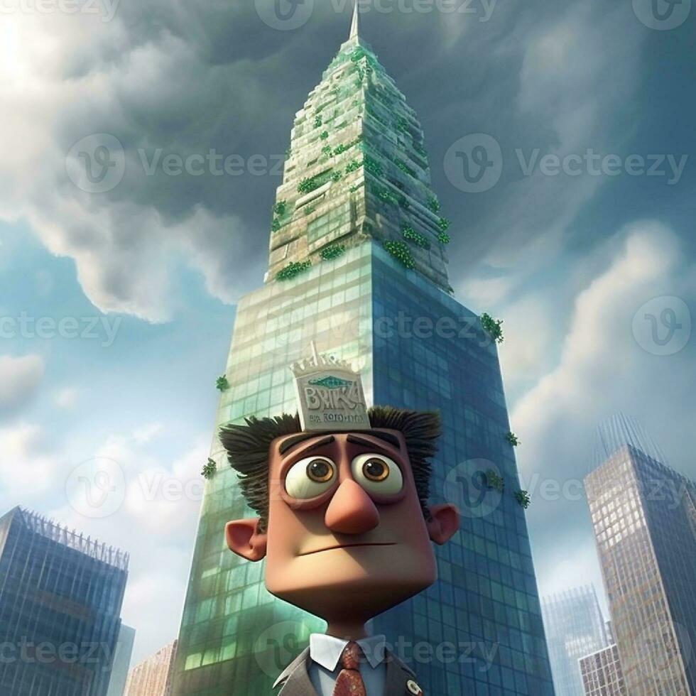 cute little guy around the skyscraper in animation photo