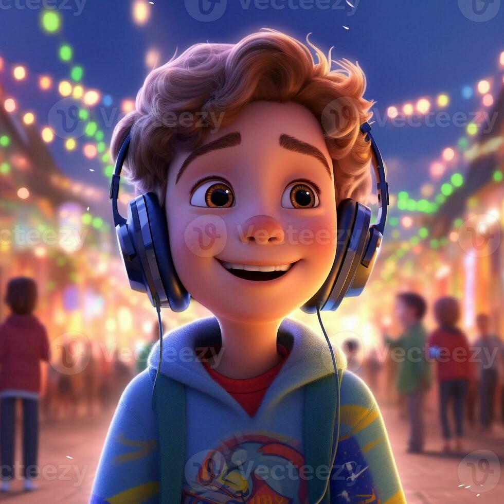 little boy with cute expression, innocent and adorable is enjoying music from headphone photo