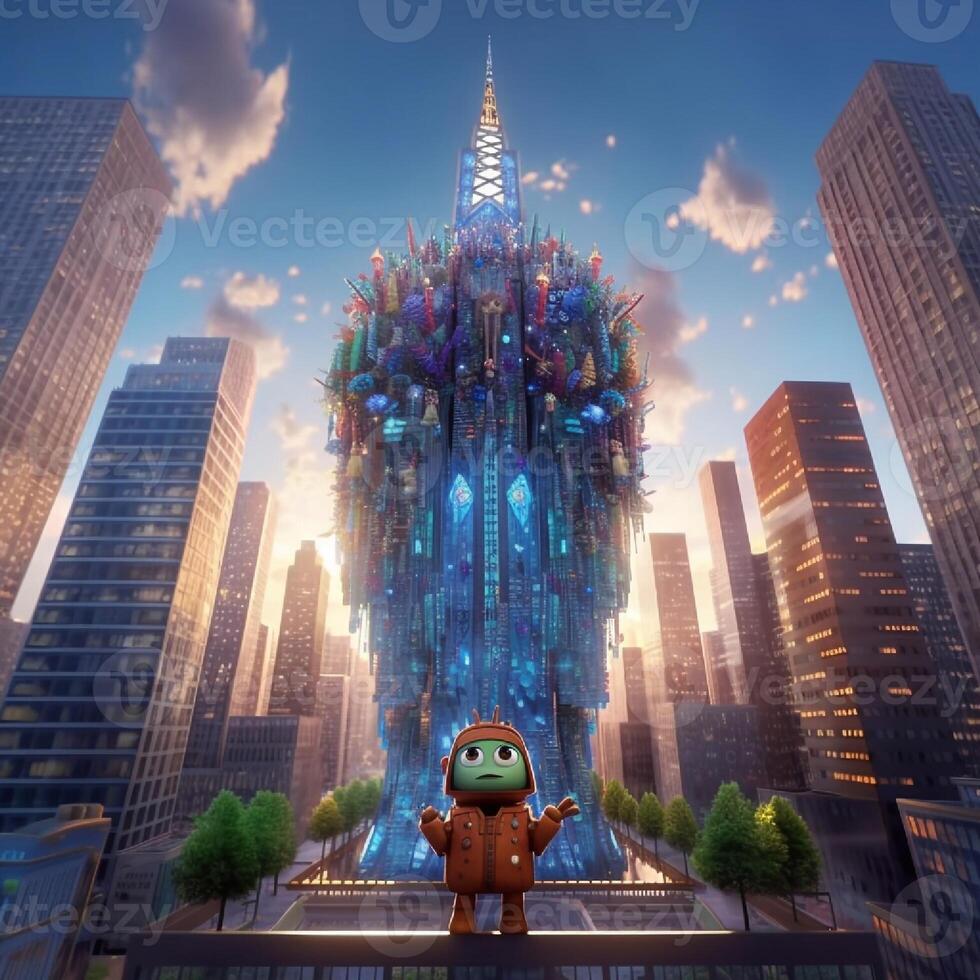 cute little guy around the skyscraper in animation photo