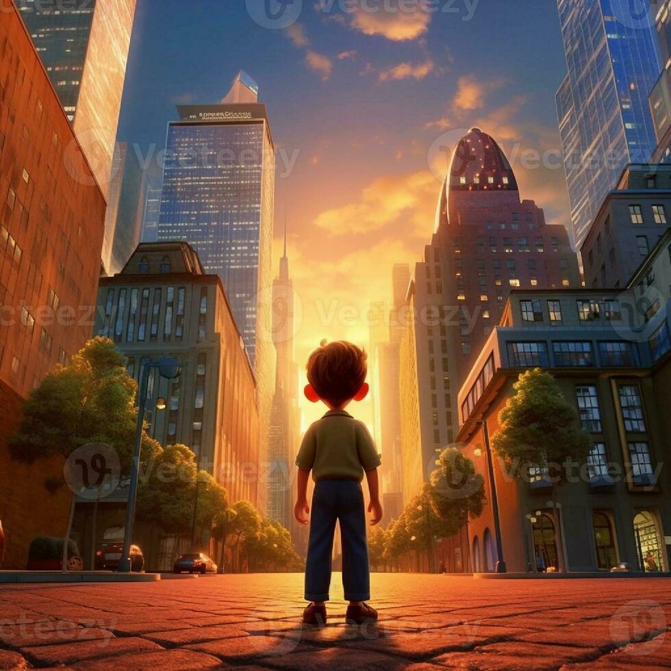 linda pequeño chico alrededor el rascacielos en animación foto