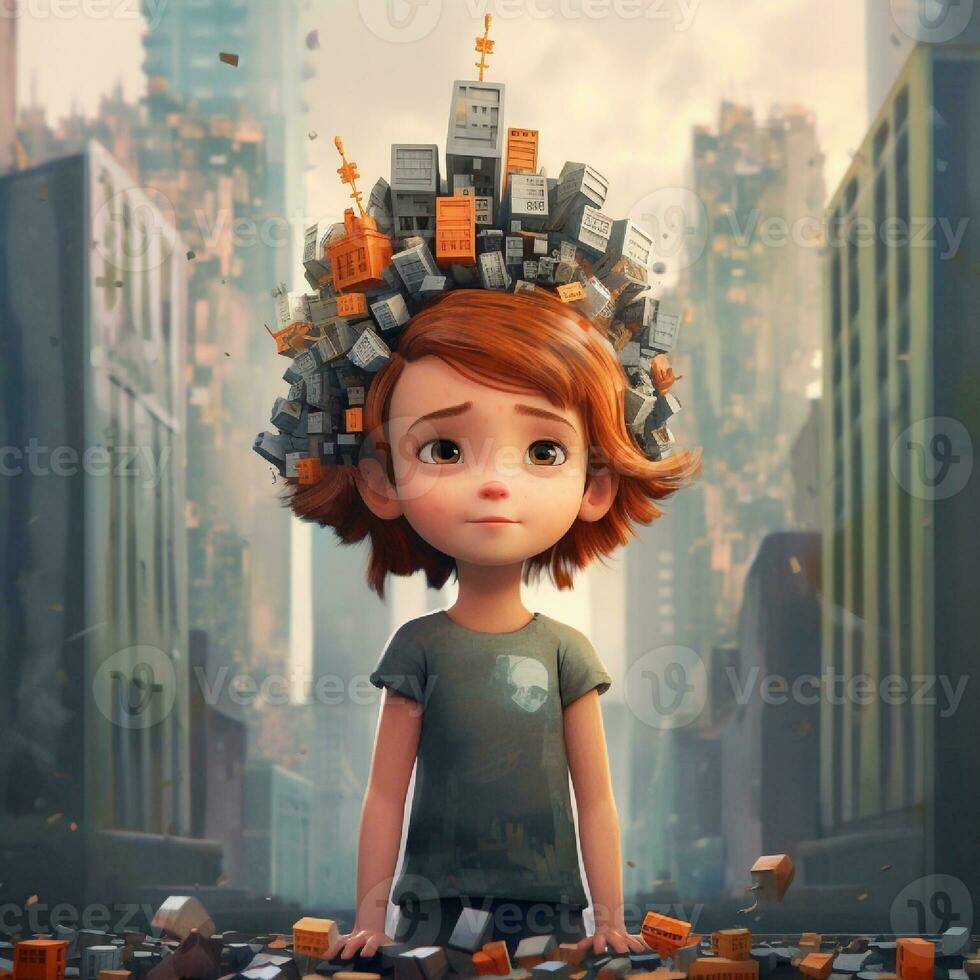 cute little girl wearing crown form building on her head and she is standing around the skyscraper in animation photo