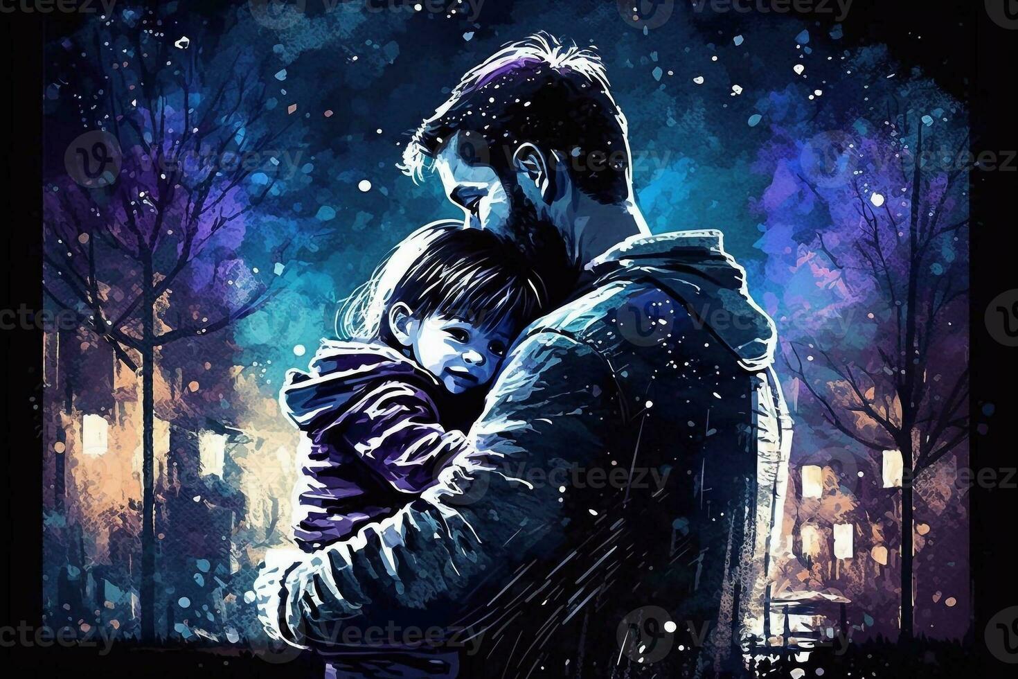 Happy fathers day a father holds and hugs his child in watercolor style photo