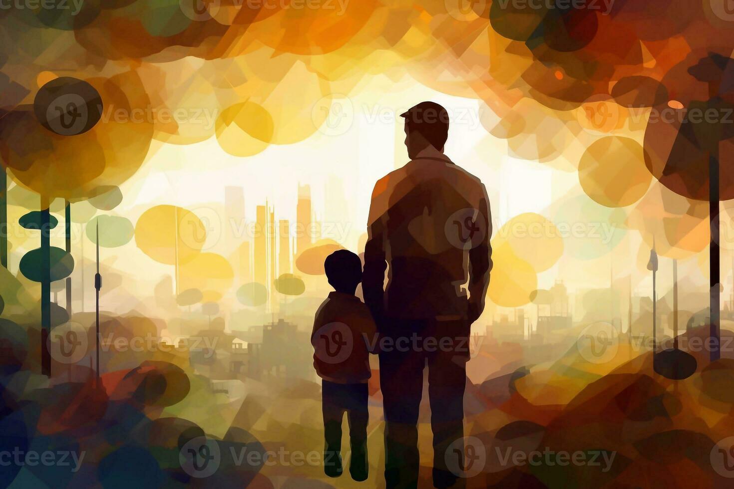 Illustration of a father holds and hugs his child in watercolor style photo