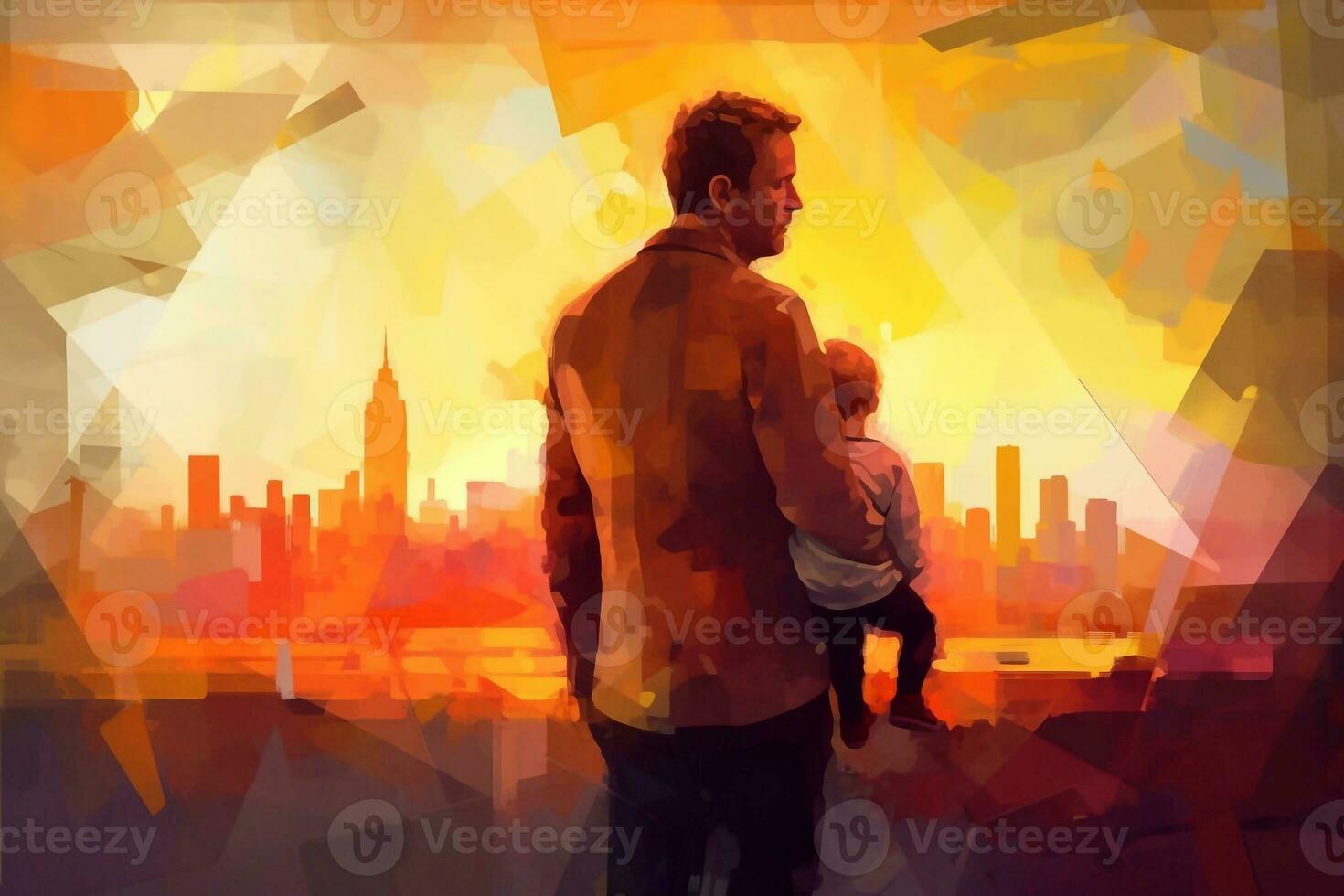 Illustration of a father holds and hugs his child in watercolor style photo