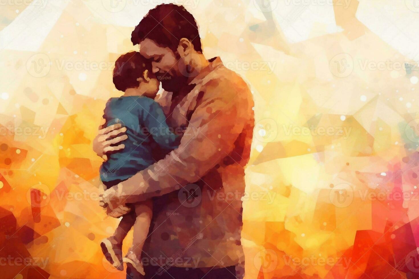 Illustration of a father holds and hugs his child in watercolor style photo