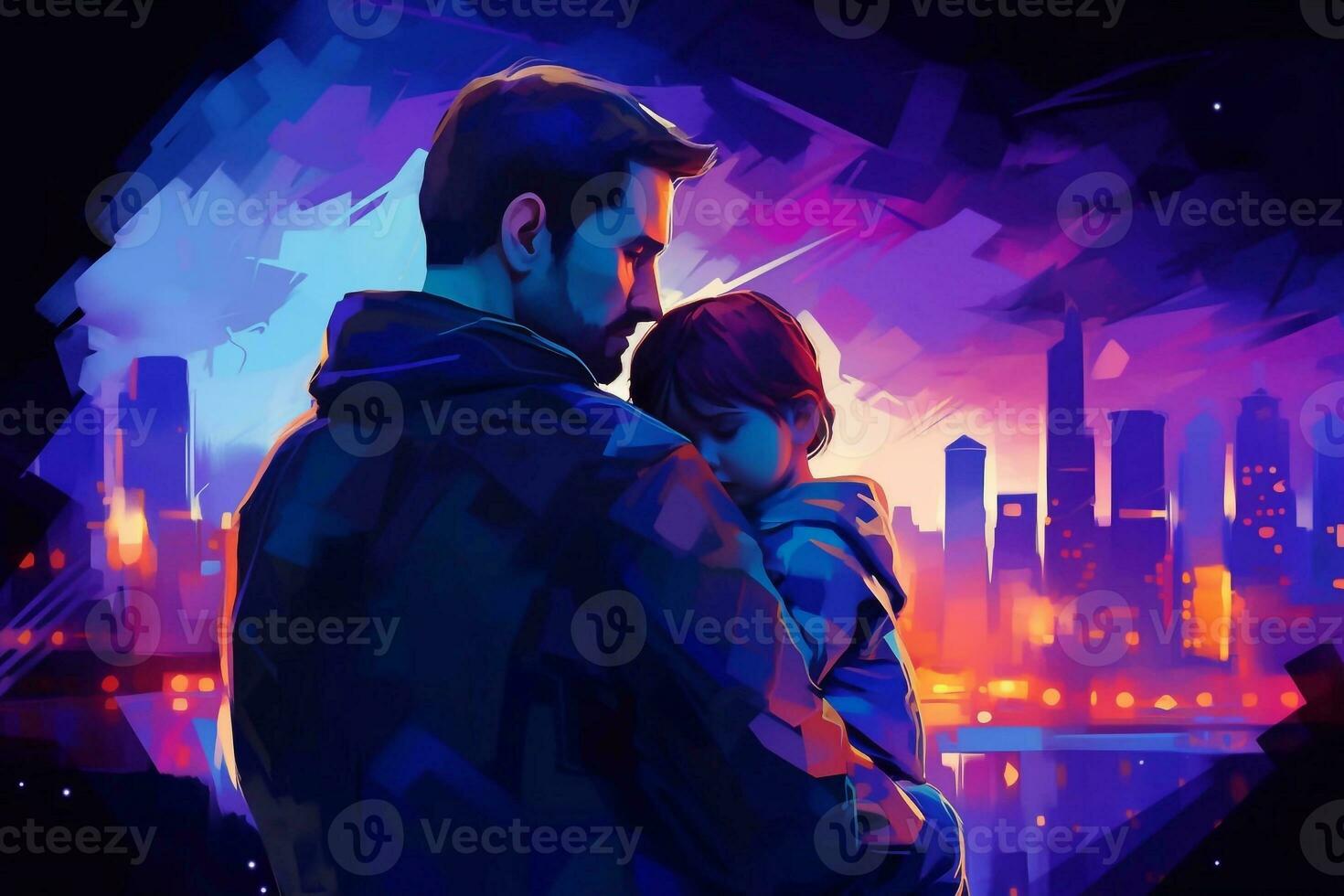 Happy fathers day a father holds and hugs his child in watercolor style photo