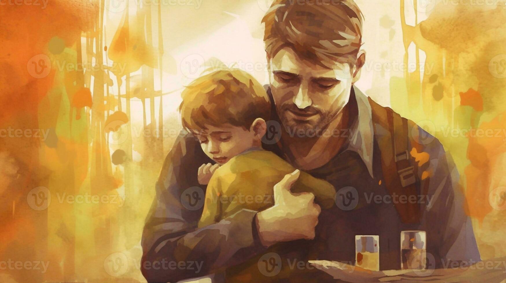 Illustration of a father holds and hugs his child in watercolor style photo