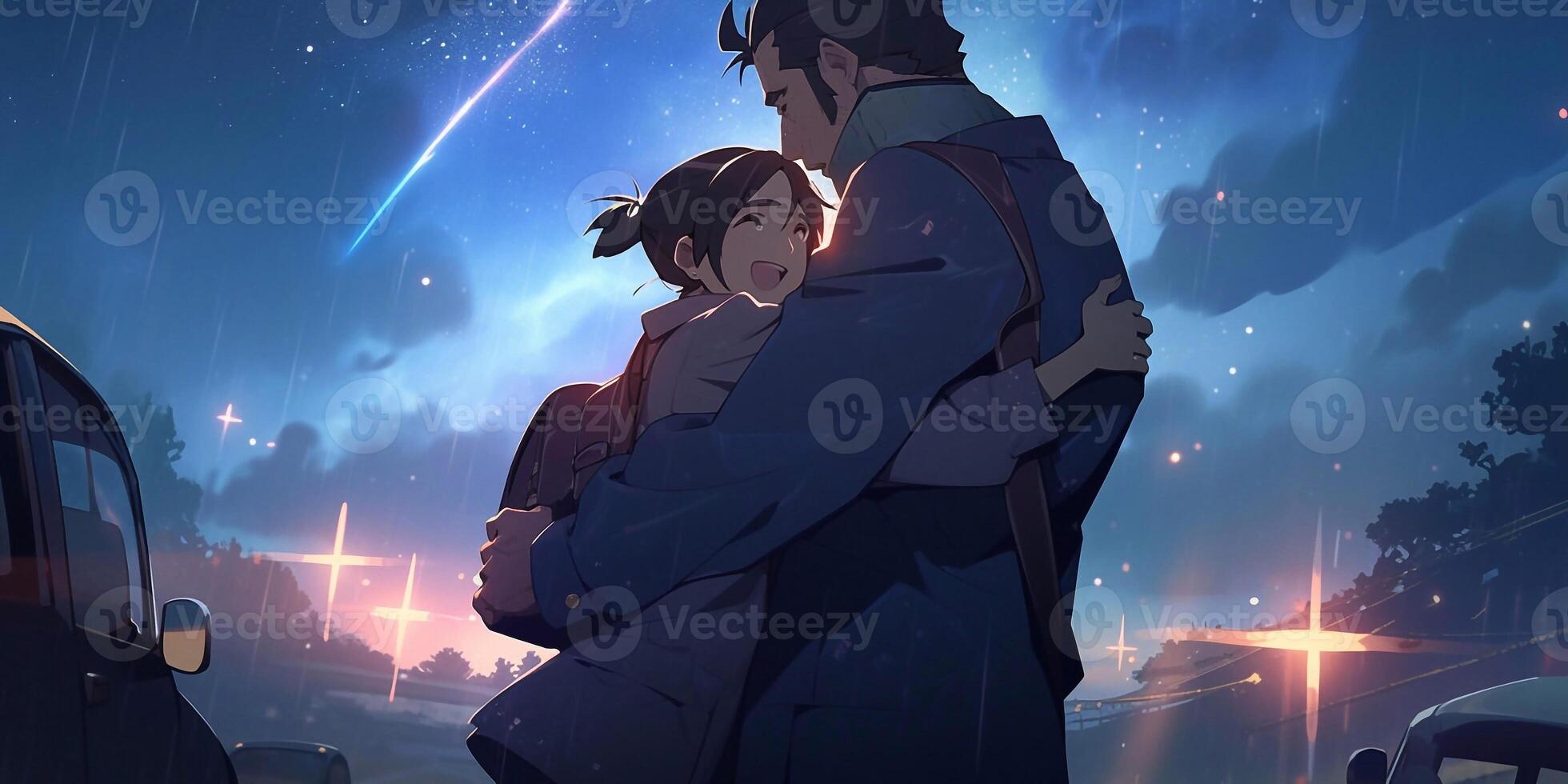 a father holds and hugs his little girl at night in anime style photo