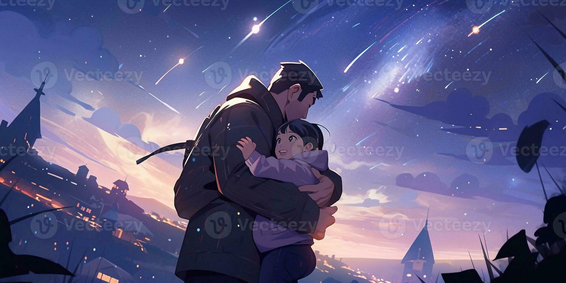 un padre sostiene y abrazos su pequeño niña a noche en anime estilo foto