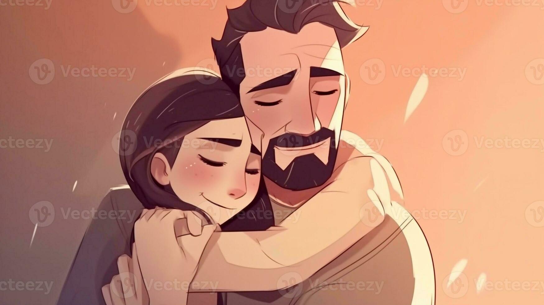 Illustration of a father hugs his daughter in a warm and heartfelt hug in cartoon style photo