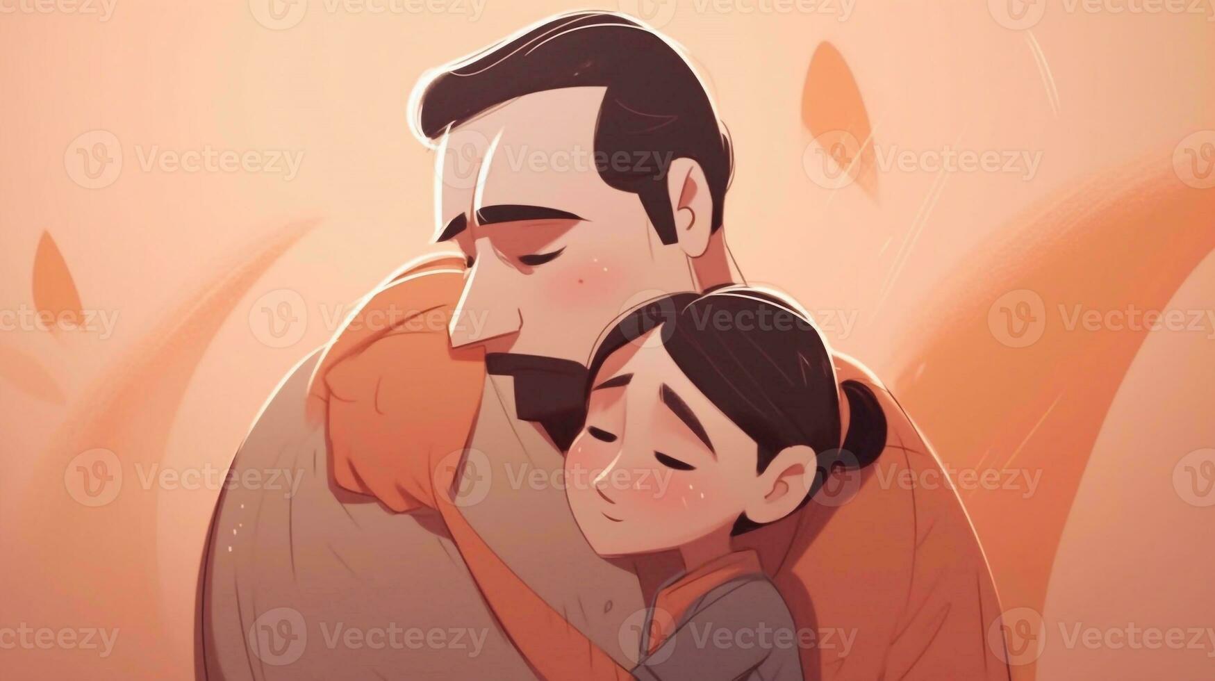 Illustration of a father hugs his daughter in a warm and heartfelt hug in cartoon style photo