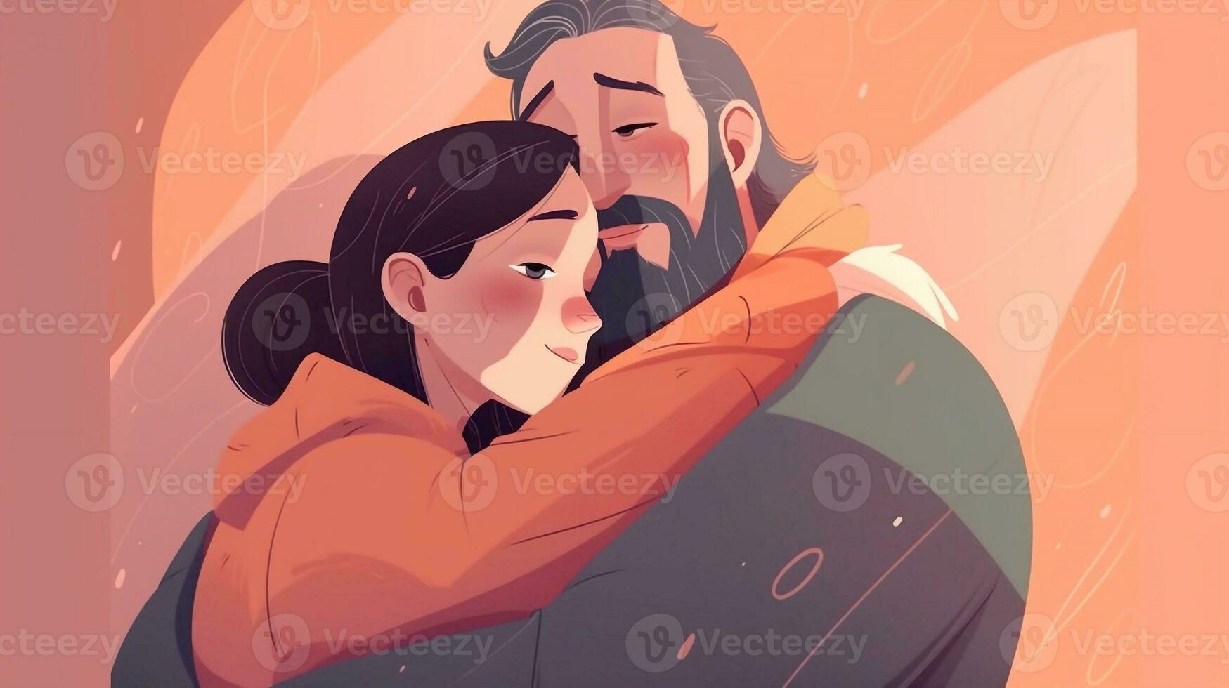 Illustration of a father hugs his daughter in a warm and heartfelt hug in cartoon style photo