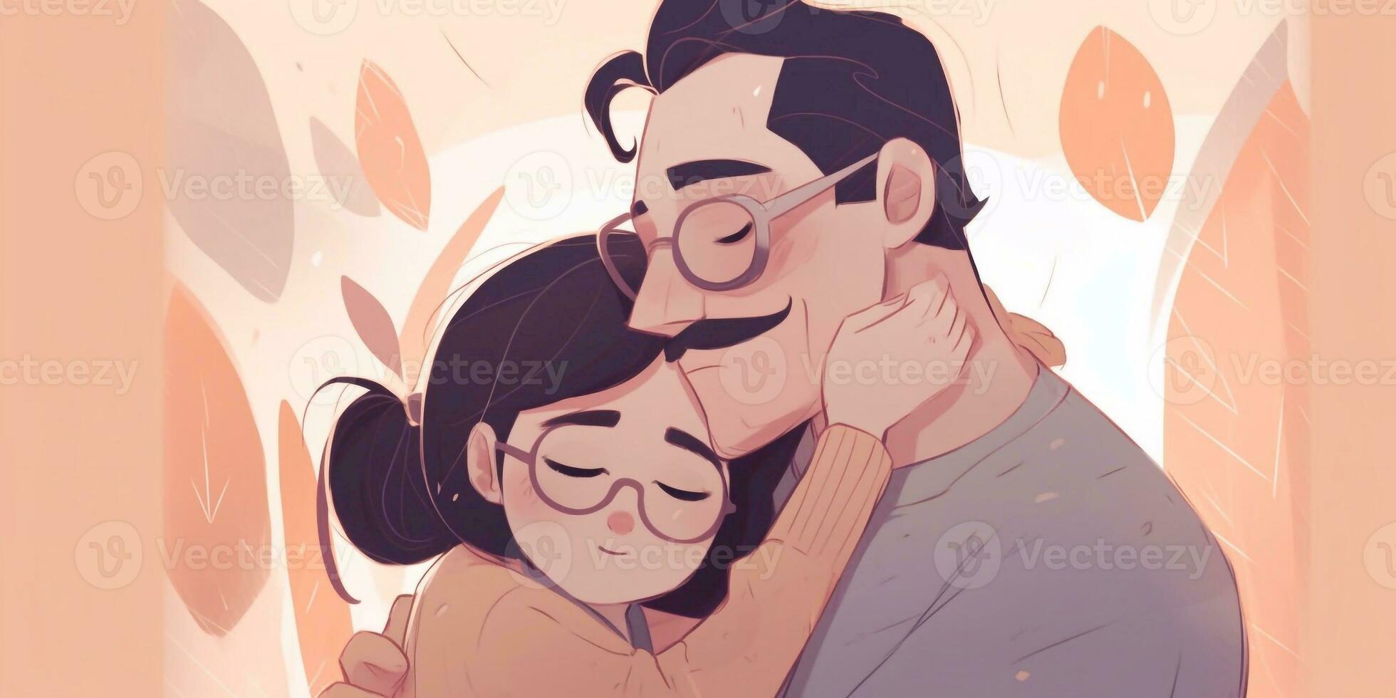 ilustración de un padre abrazos su hija en un calentar y sentido abrazo en dibujos animados estilo foto