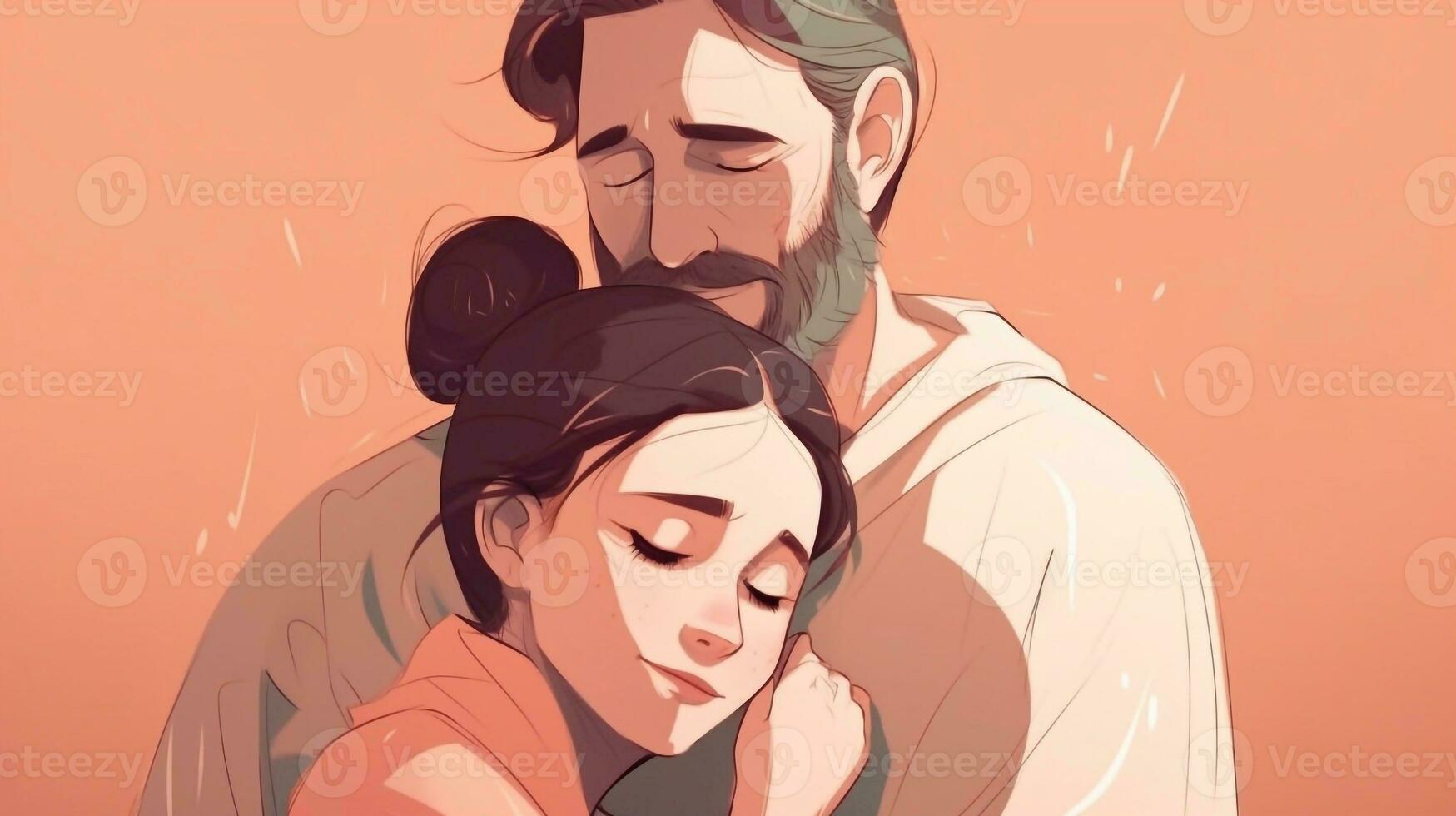 Illustration of a father hugs his daughter in a warm and heartfelt hug in cartoon style photo