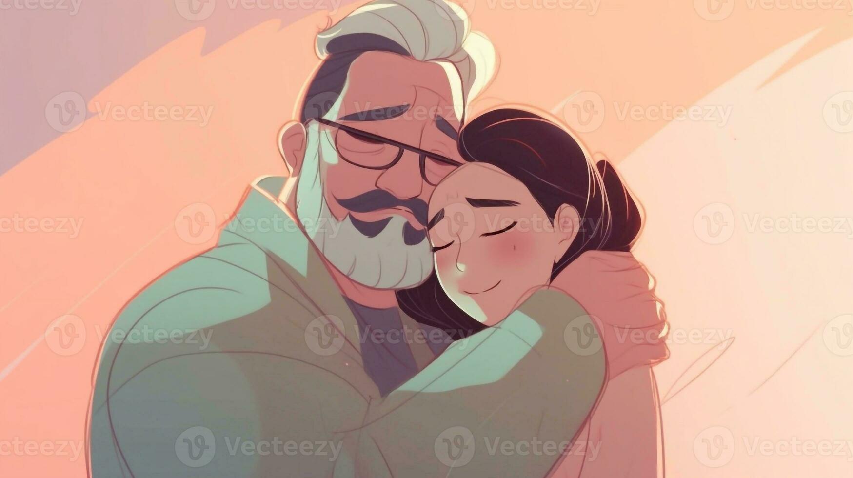 ilustración de un padre abrazos su hija en un calentar y sentido abrazo en dibujos animados estilo foto