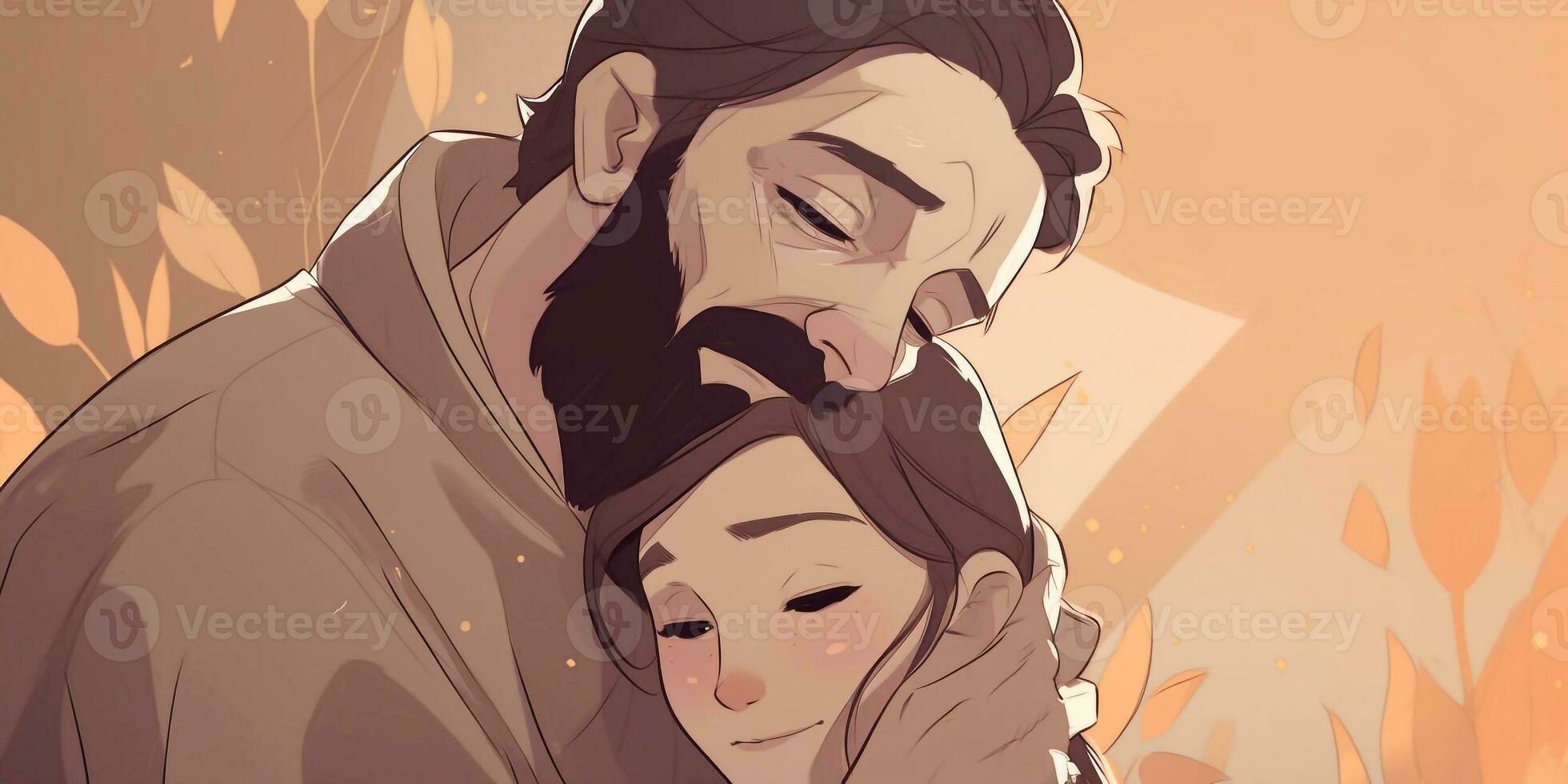 Illustration of a father hugs his daughter in a warm and heartfelt hug in cartoon style photo