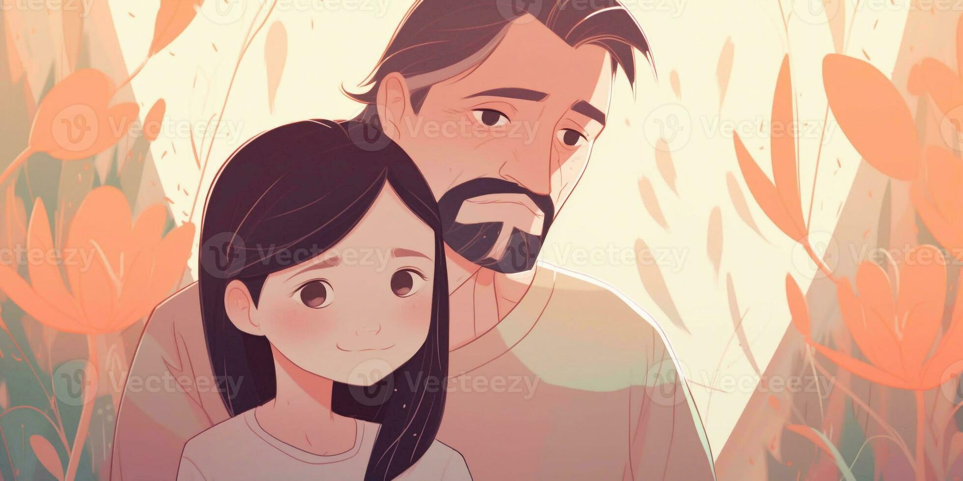 Illustration of a father hugs his daughter in a warm and heartfelt hug in cartoon style photo