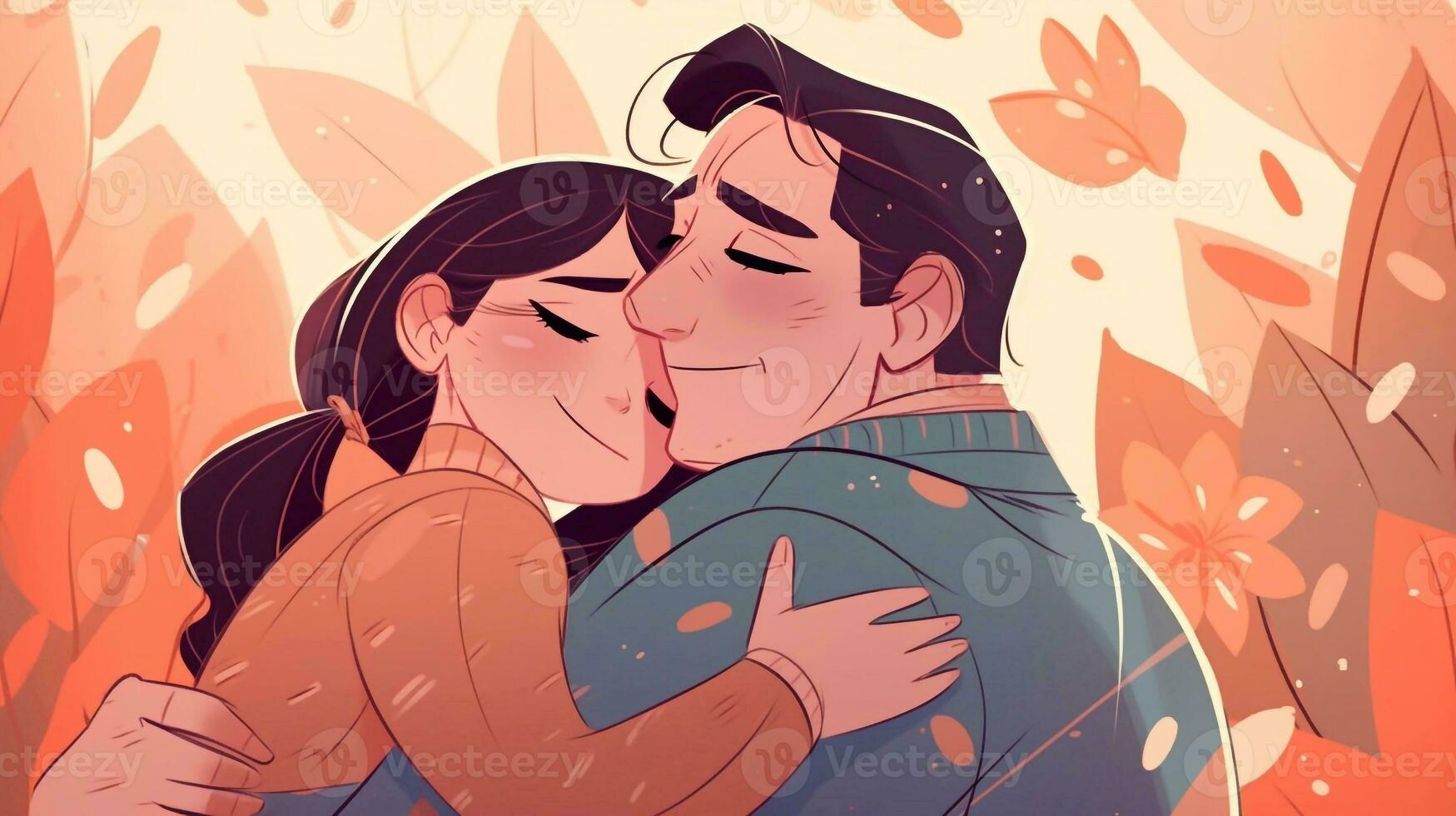 Illustration of a father hugs his daughter in a warm and heartfelt hug in cartoon style photo