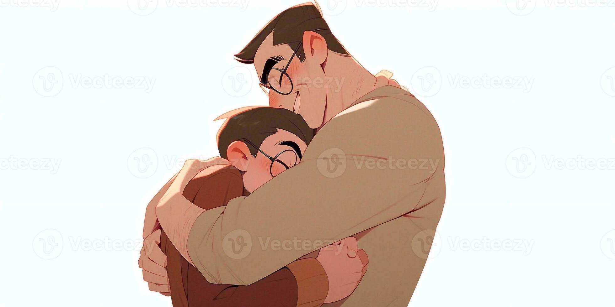 Illustration of a father hugs his son in a warm and heartfelt hug in cartoon style photo