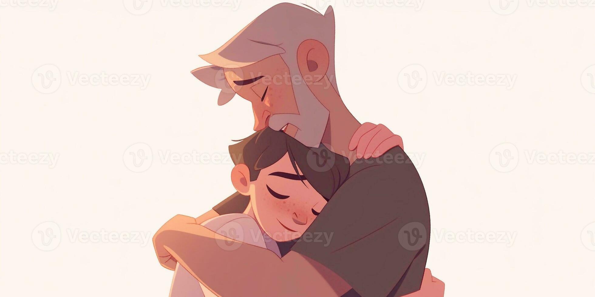 Illustration of a father hugs his son in a warm and heartfelt hug in cartoon style photo