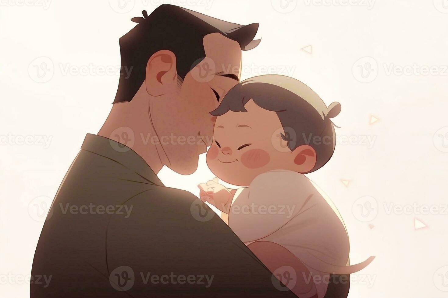 ilustración de un padre abrazos su hijo en un calentar y sentido abrazo en dibujos animados estilo foto