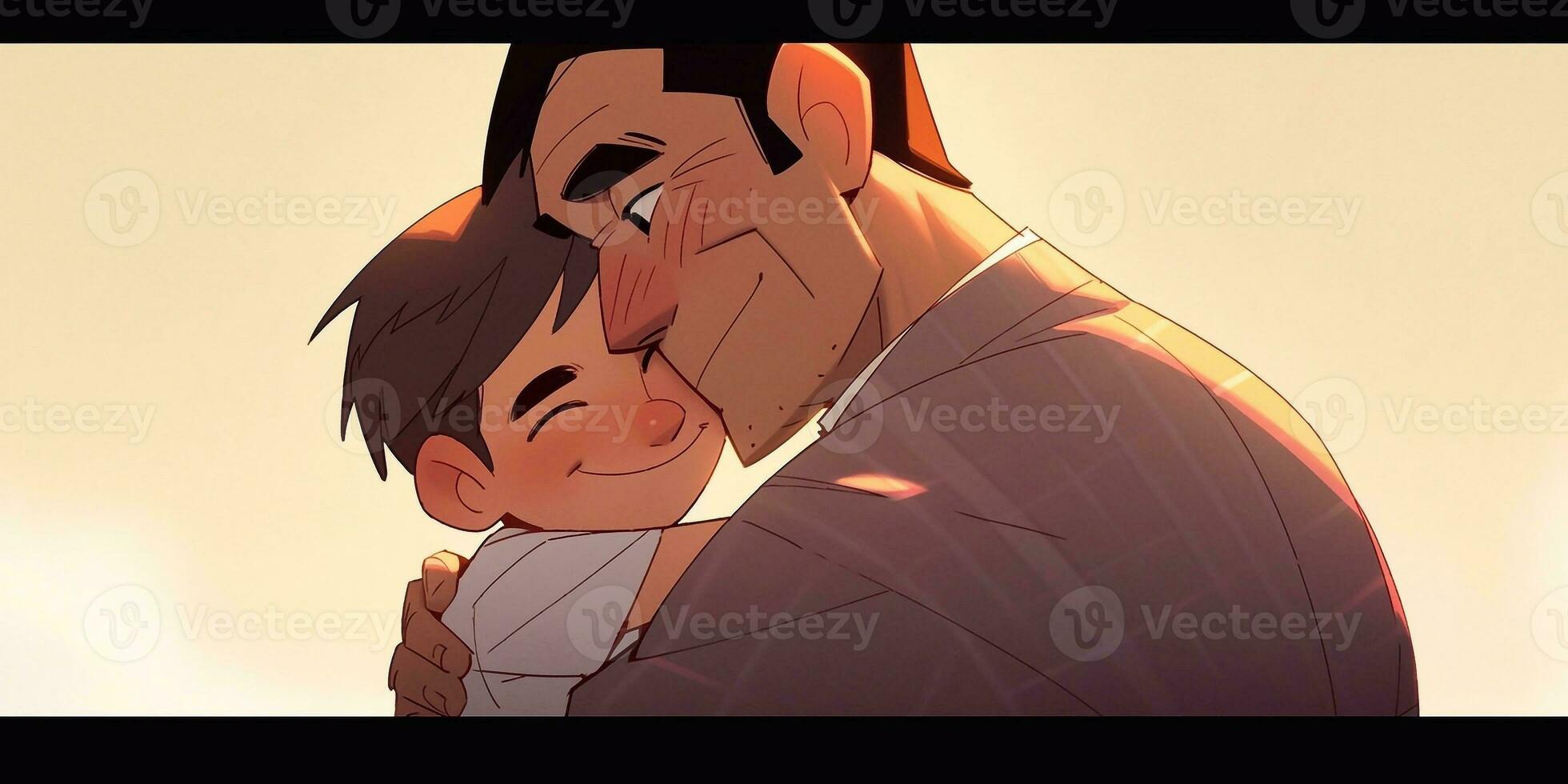 ilustración de un padre abrazos su hijo en un calentar y sentido abrazo en dibujos animados estilo foto