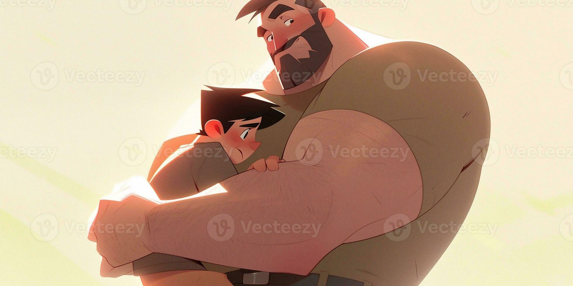 ilustración de un padre abrazos su hijo en un calentar y sentido abrazo en dibujos animados estilo foto