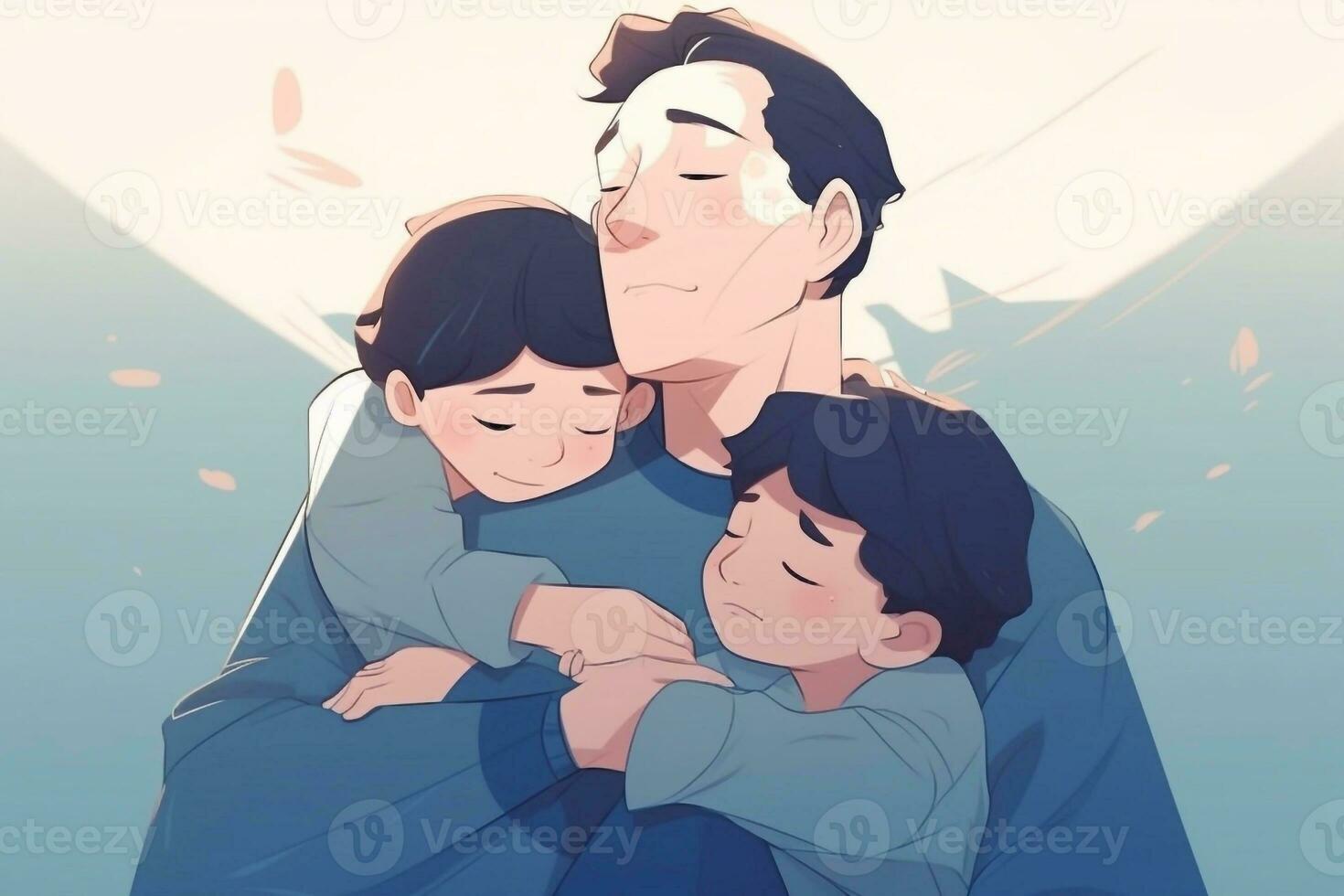 Illustration of a father hugs his sons in a warm and heartfelt hug in cartoon style photo