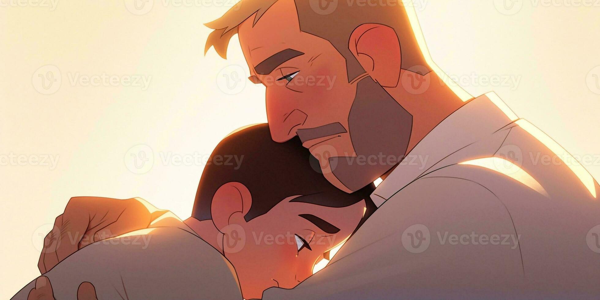 Illustration of a father hugs his son in a warm and heartfelt hug in cartoon style photo