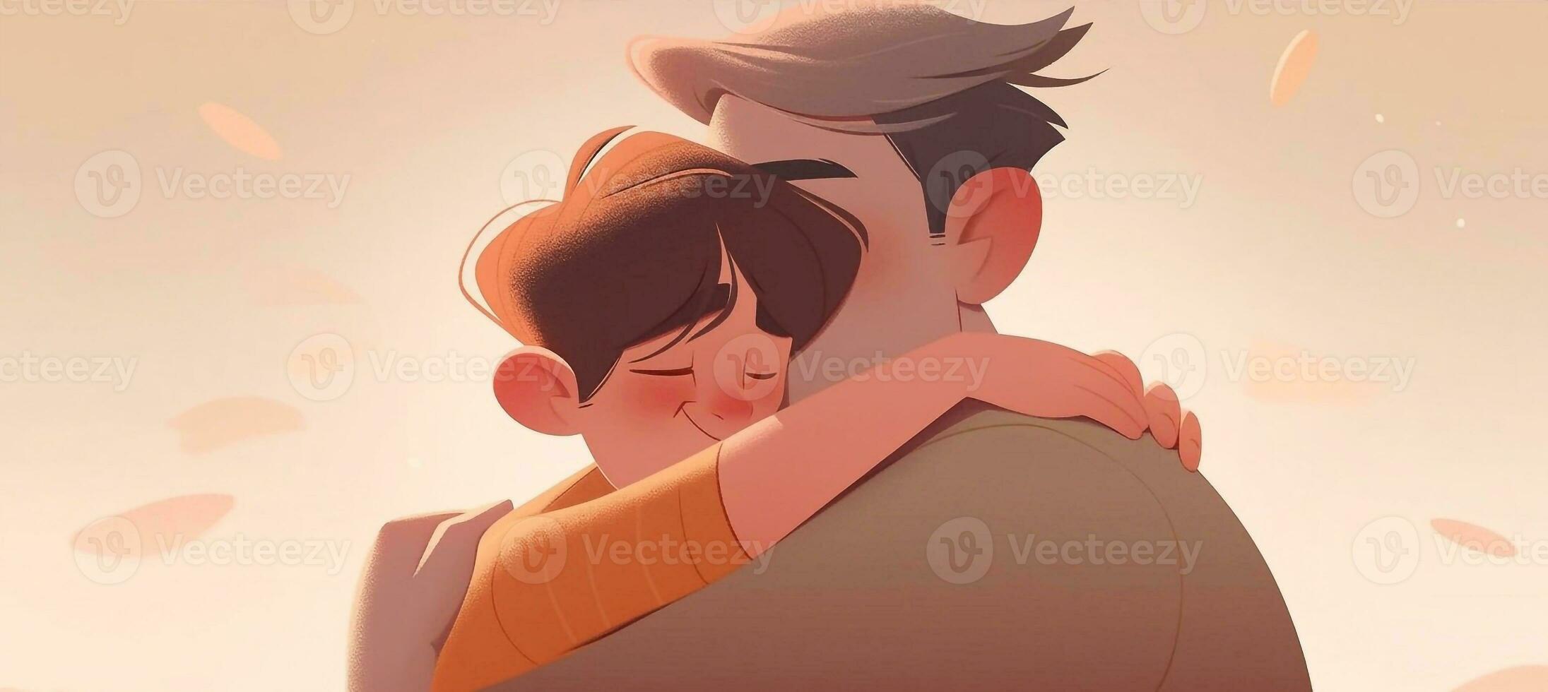 Illustration of a father hugs his son in a warm and heartfelt hug in cartoon style photo