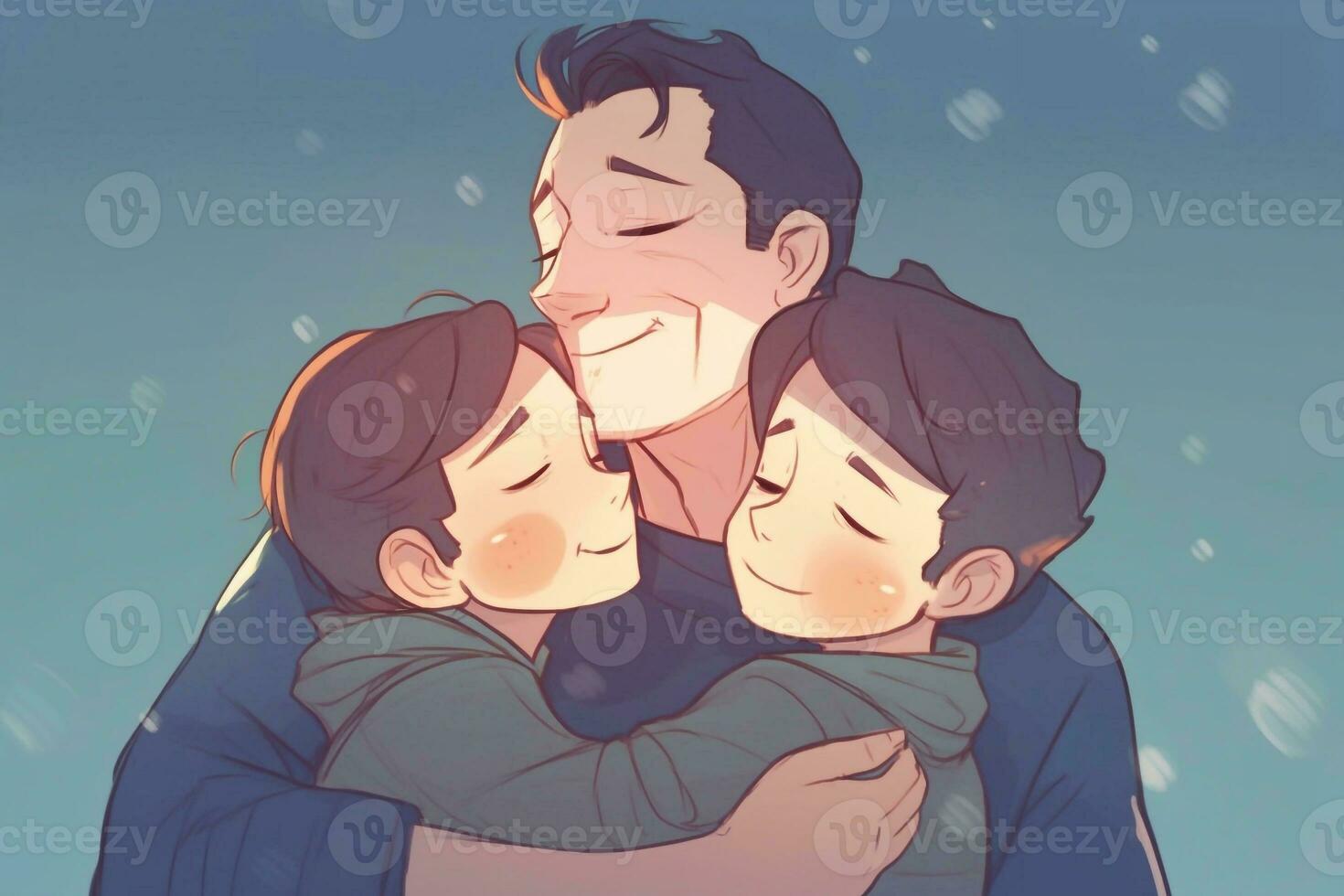 Illustration of a father hugs his sons in a warm and heartfelt hug in cartoon style photo