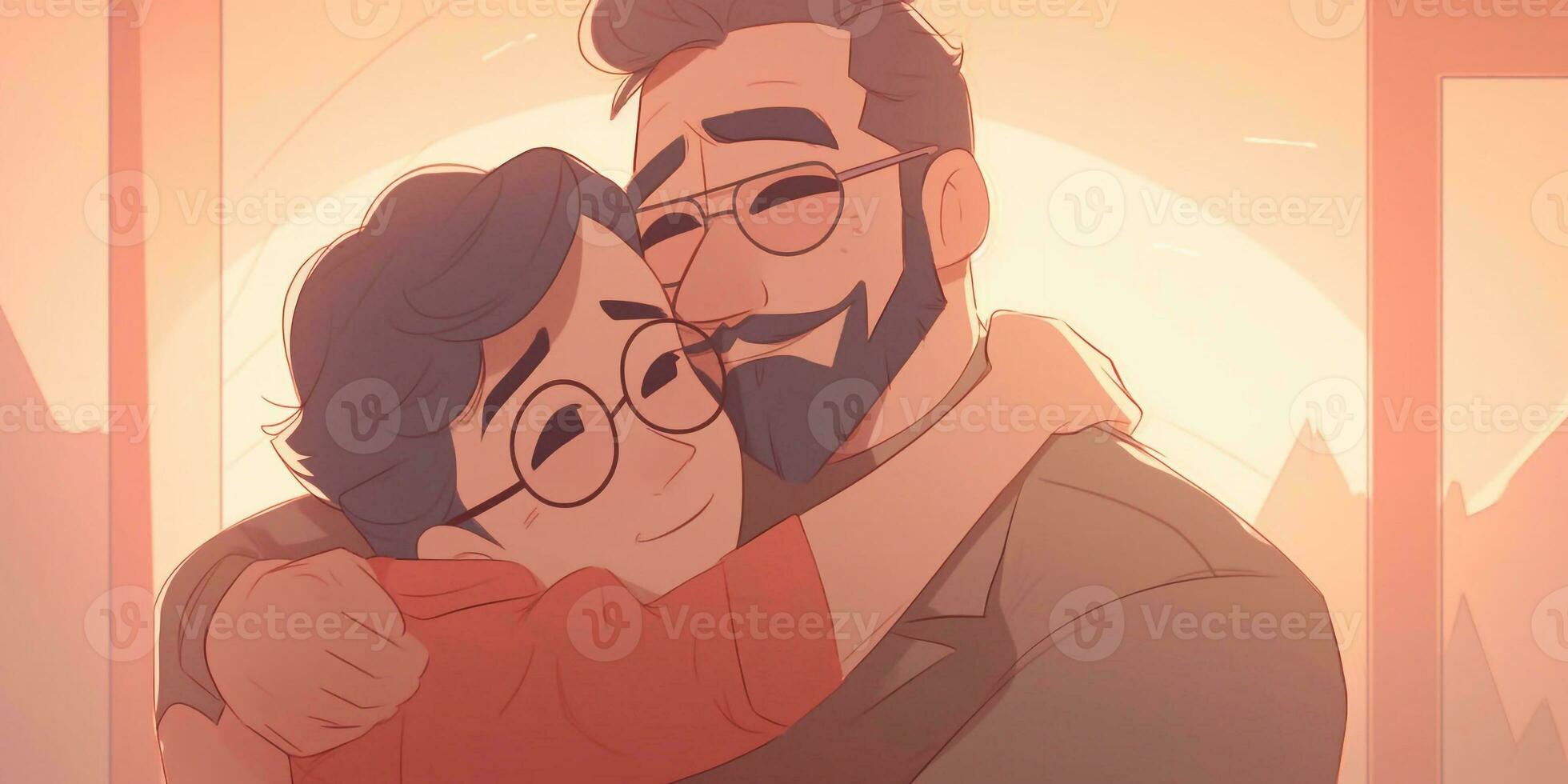 Illustration of a father hugs his son in a warm and heartfelt hug in cartoon style photo