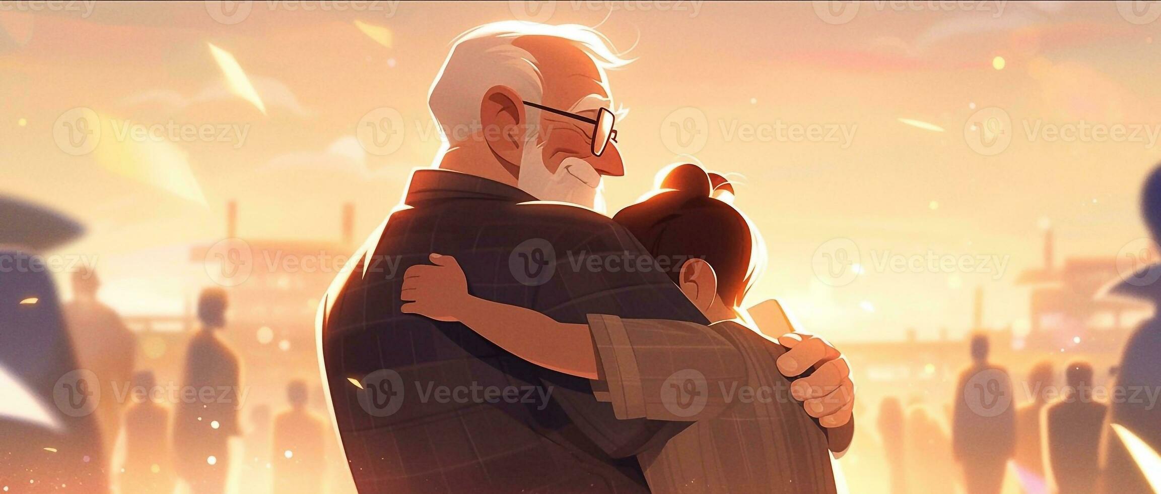 Illustration of a father hugs his son in a warm and heartfelt hug in cartoon style photo