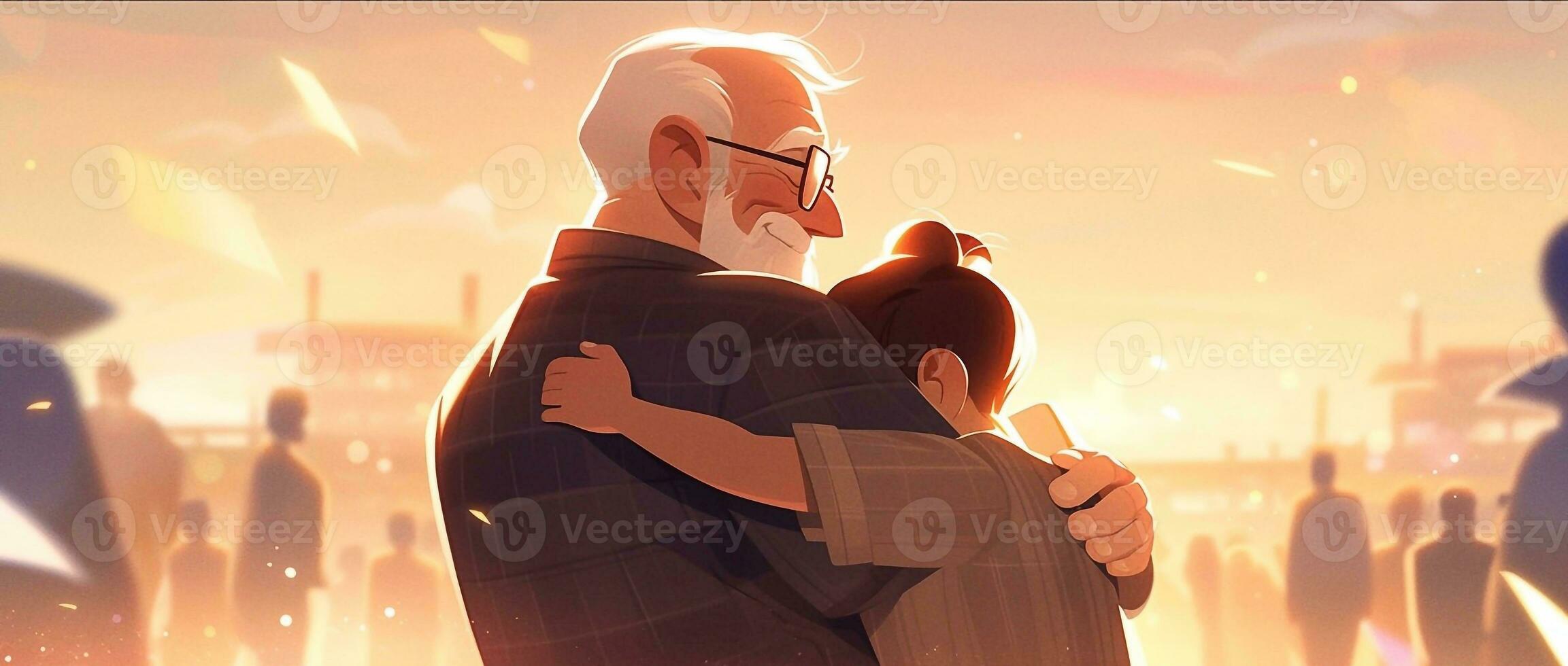 ilustración de un padre abrazos su hijo en un calentar y sentido abrazo en dibujos animados estilo foto