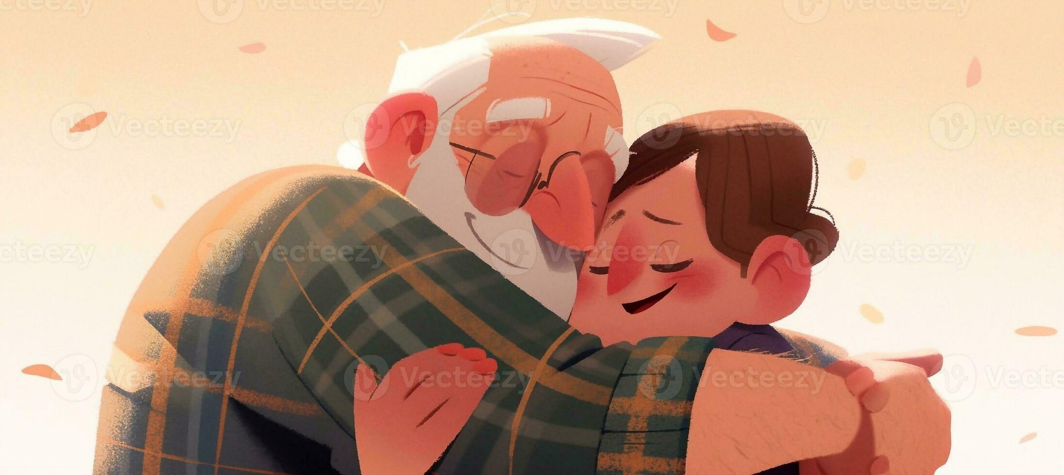 ilustración de un padre abrazos su hijo en un calentar y sentido abrazo en dibujos animados estilo foto