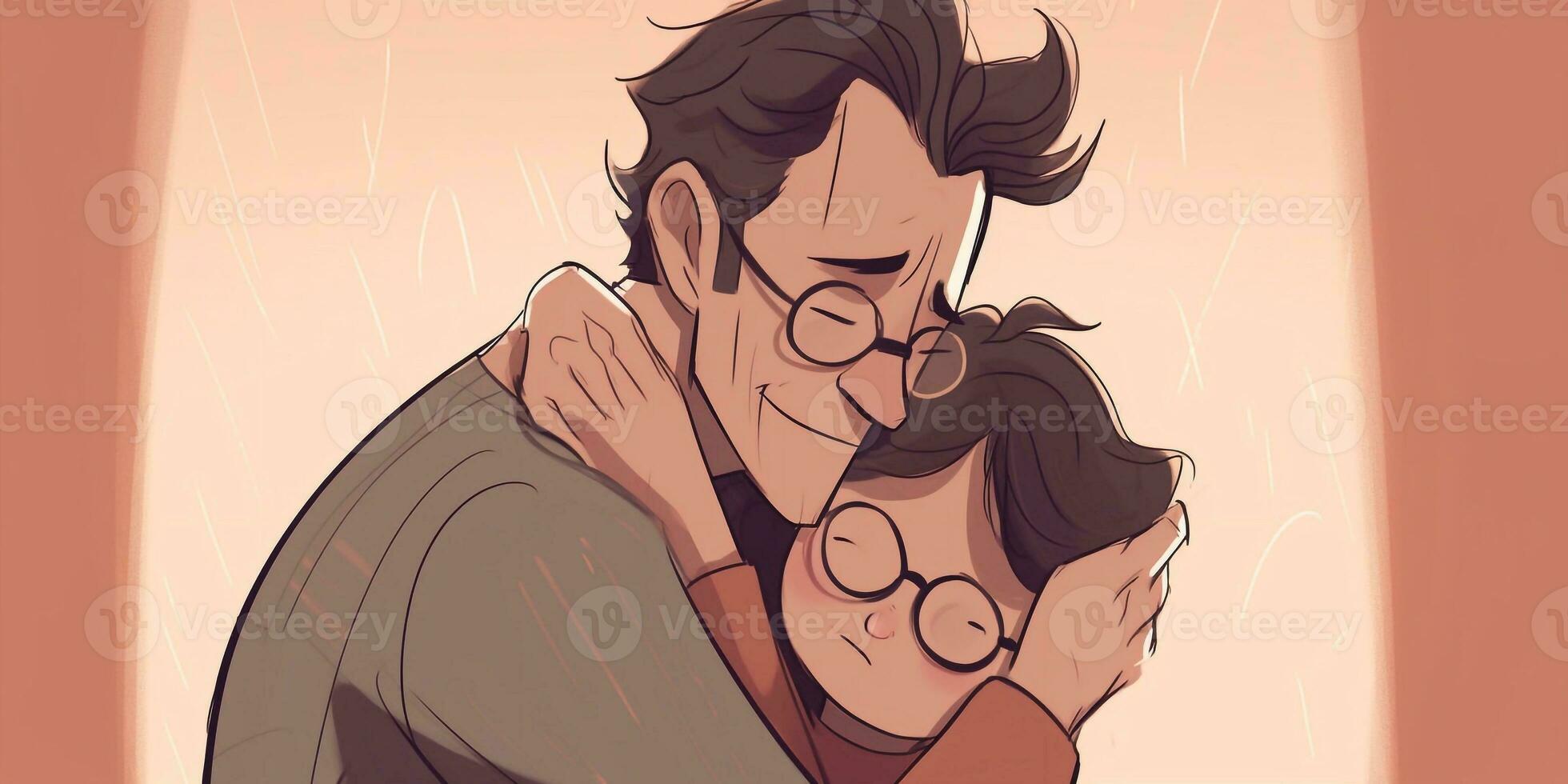 Illustration of a father hugs his son in a warm and heartfelt hug in cartoon style photo