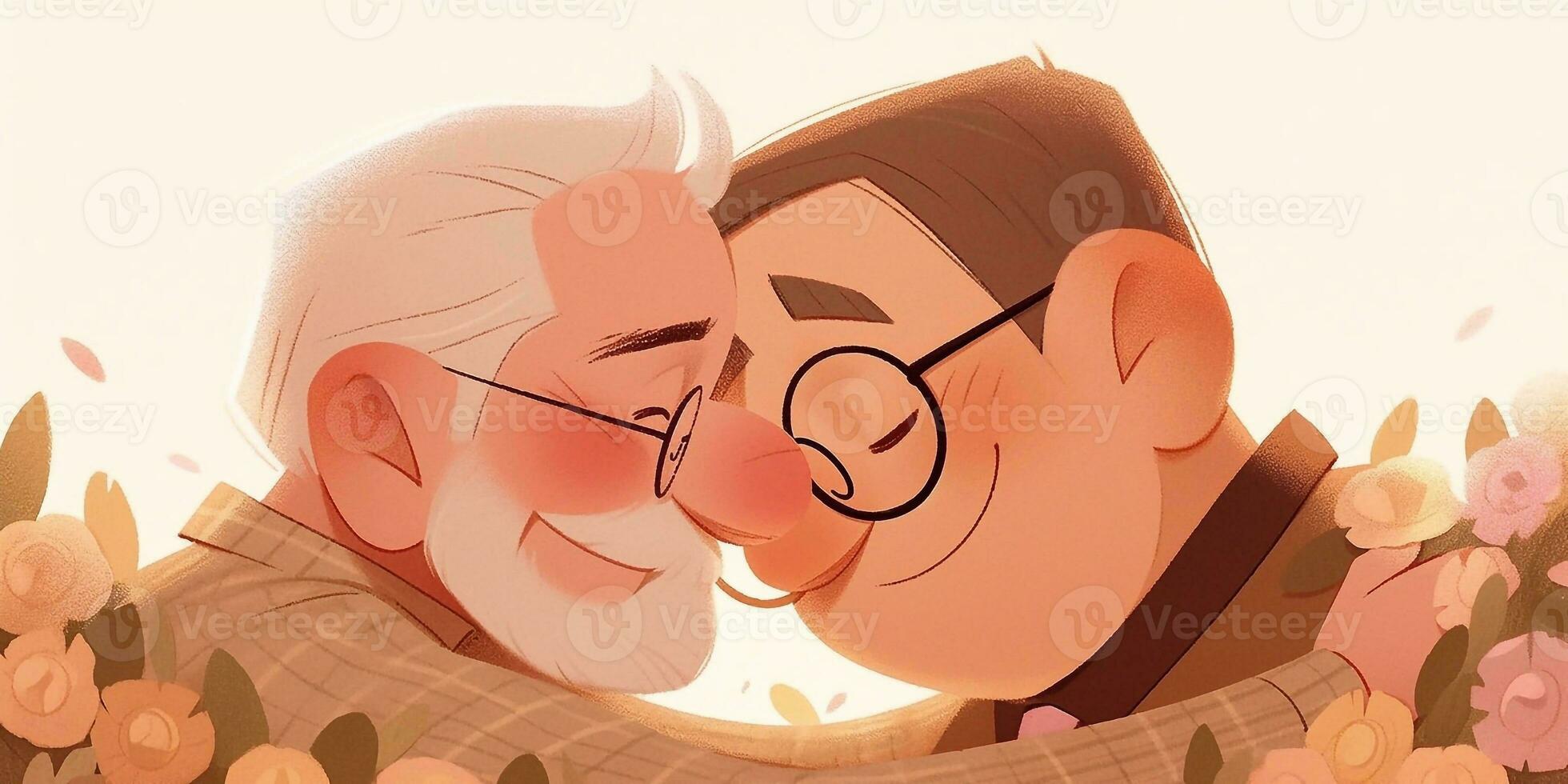 Illustration of a father hugs his son in a warm and heartfelt hug in cartoon style photo