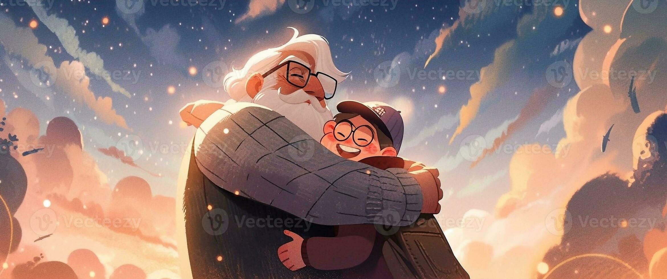 Illustration of a father hugs his son in a warm and heartfelt hug in cartoon style photo