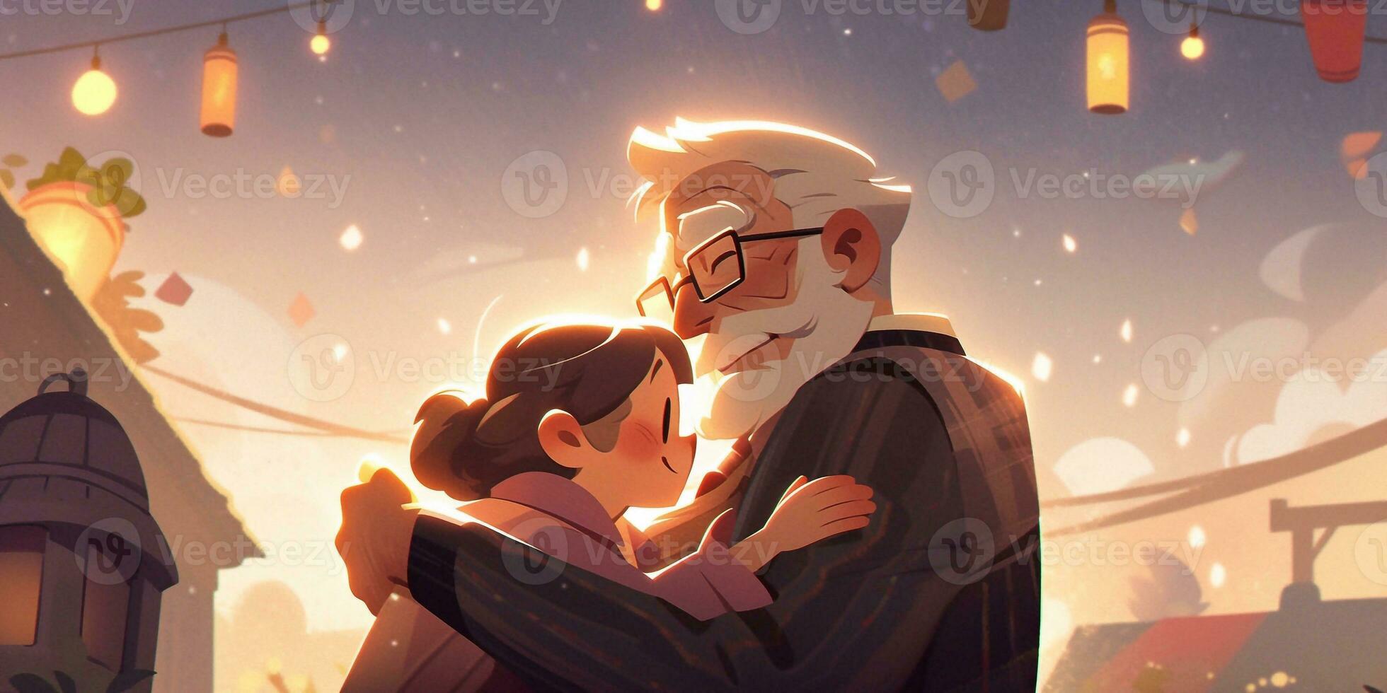 Illustration of a father hugs his son in a warm and heartfelt hug in cartoon style photo