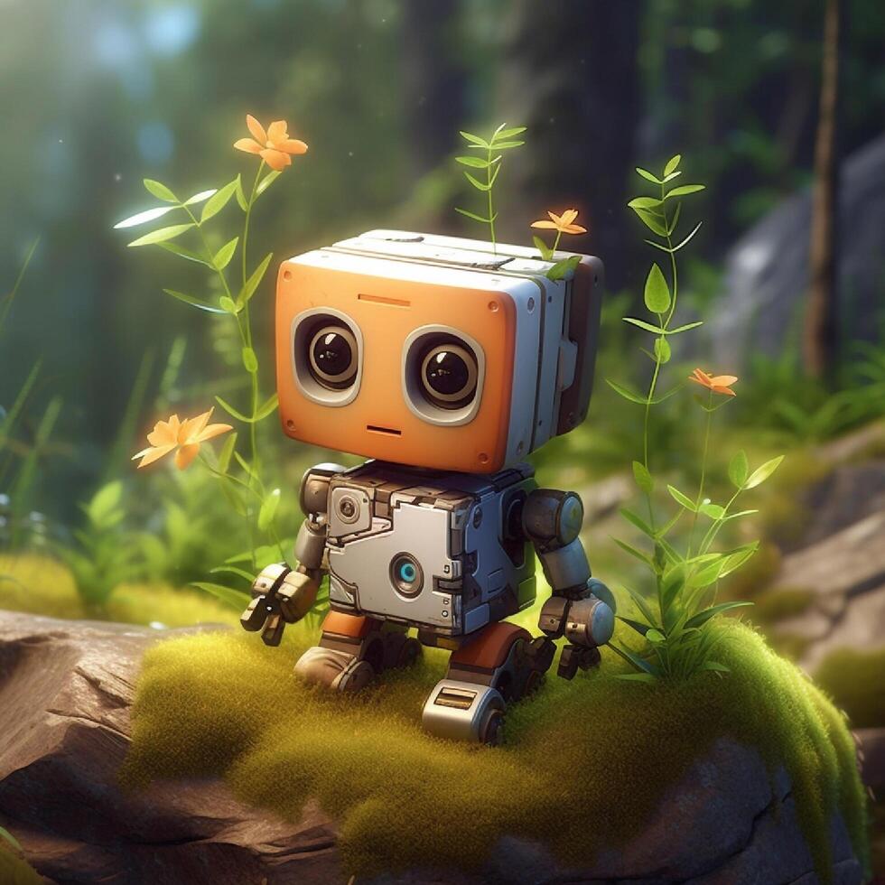 vintage robot in the forest. 3d illustration. retro robot. generative ai photo