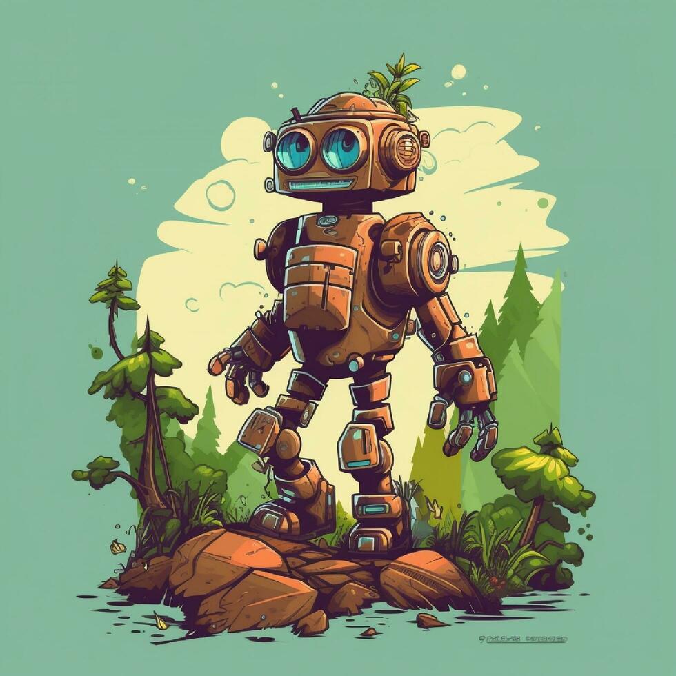 Vintage robot in the forest for background. generative ai photo